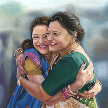 Hand Painted Custom Oil Portrait of A Happy Mother with Her Adult Daughter,by myDaVinci - myDaVinci